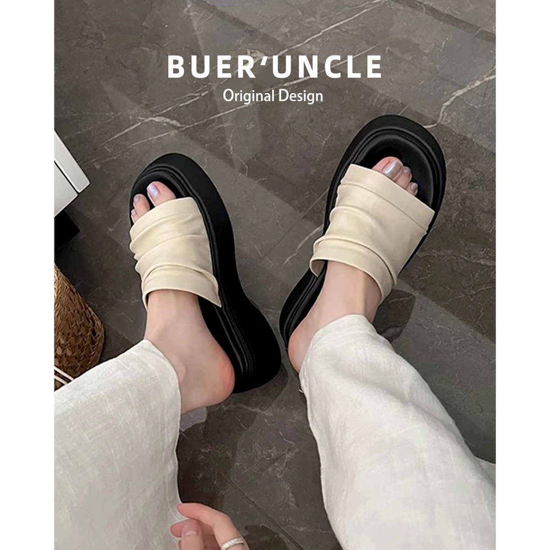 自留版！厚底增高一字拖鞋女夏外穿2025年新款褶皱沙滩休闲凉拖鞋