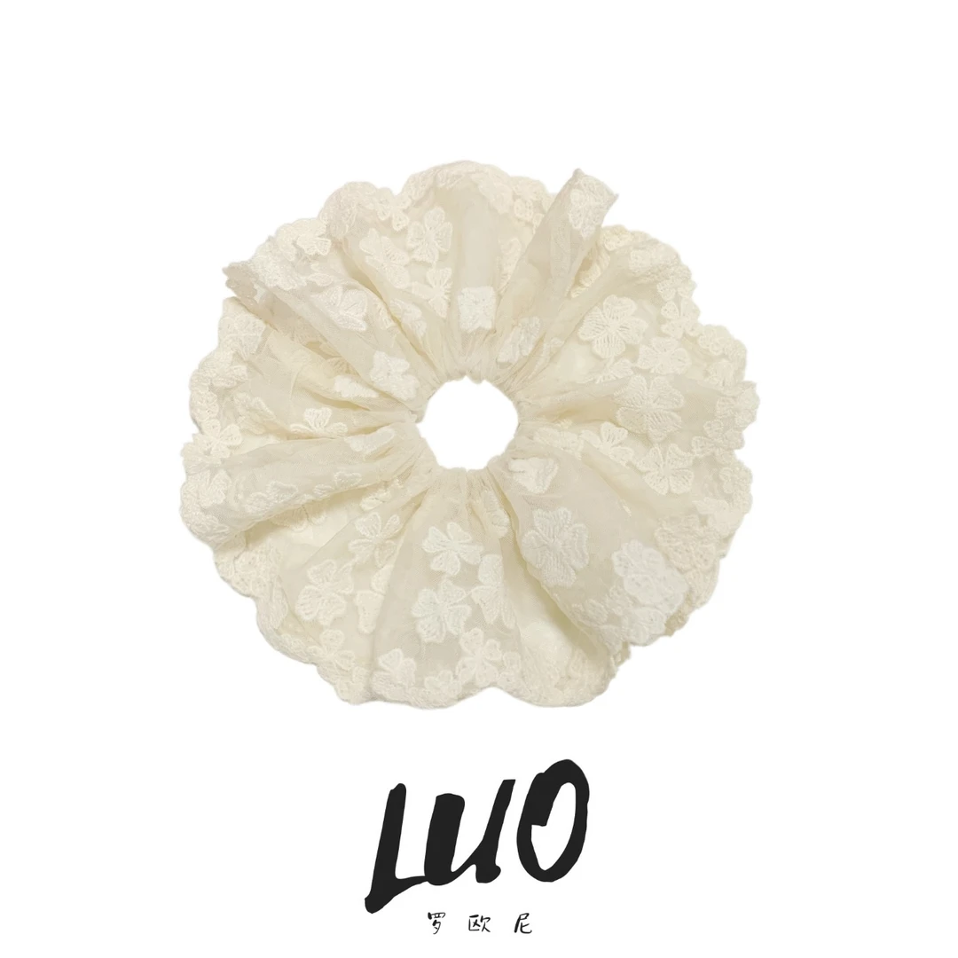 【罗欧尼】新款双层蕾丝花朵刺绣网纱清新低马尾发绳头绳发饰