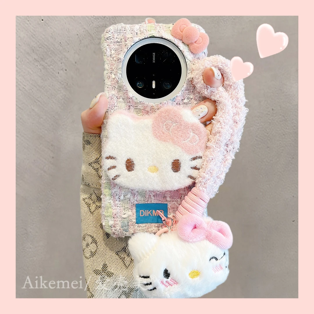 适用华为mate70pro+手机壳小香风绒布mate60pro+毛绒立体猫咪手绳