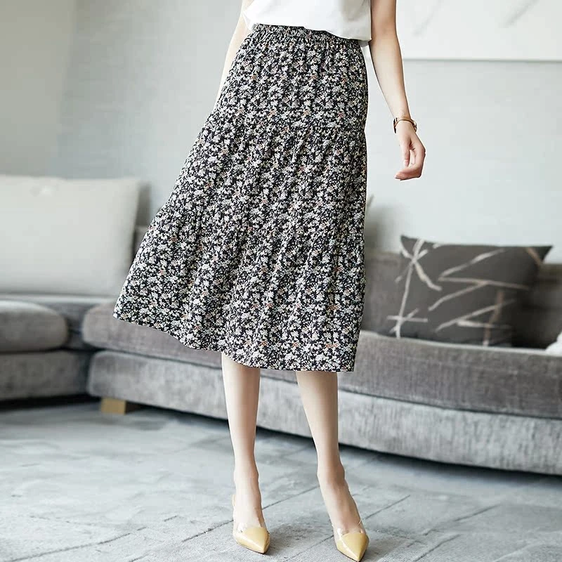 阿吉多碎花半身裙中长款2025新款夏遮胯裙子显瘦洋气高腰雪纺长裙