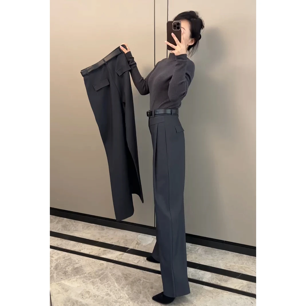 秋冬新款百搭加绒阔腿裤女百搭高腰九分直筒裤休闲裤时尚九分裤潮