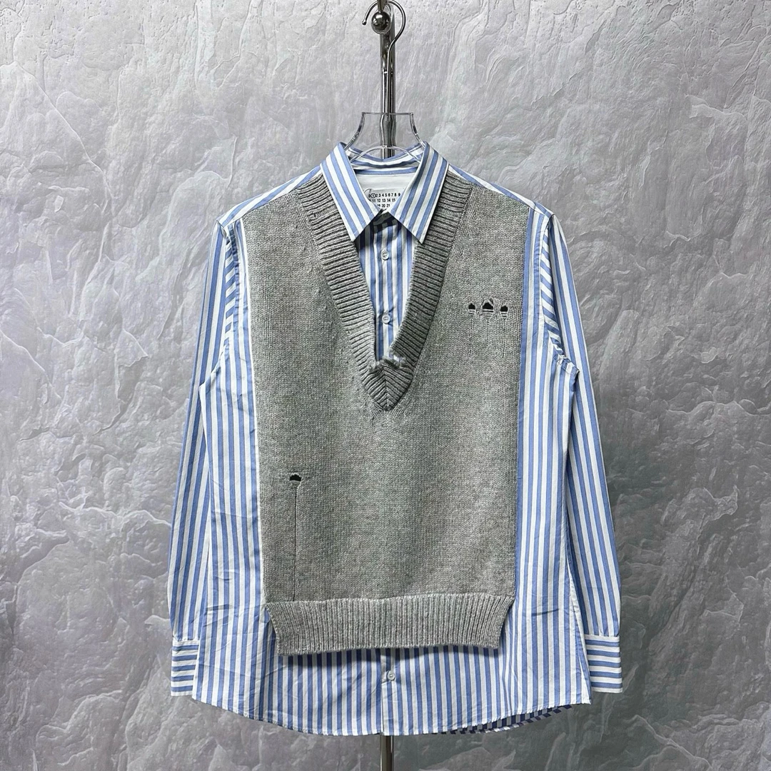 99新 Maison Margiela/梅森马吉拉 条纹针织假两件衬衫42码D17154