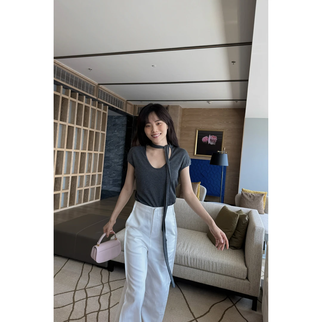 JINGDL【晨雾】100%天丝夏季两色舒适透气飘带领结针织衫无袖上衣