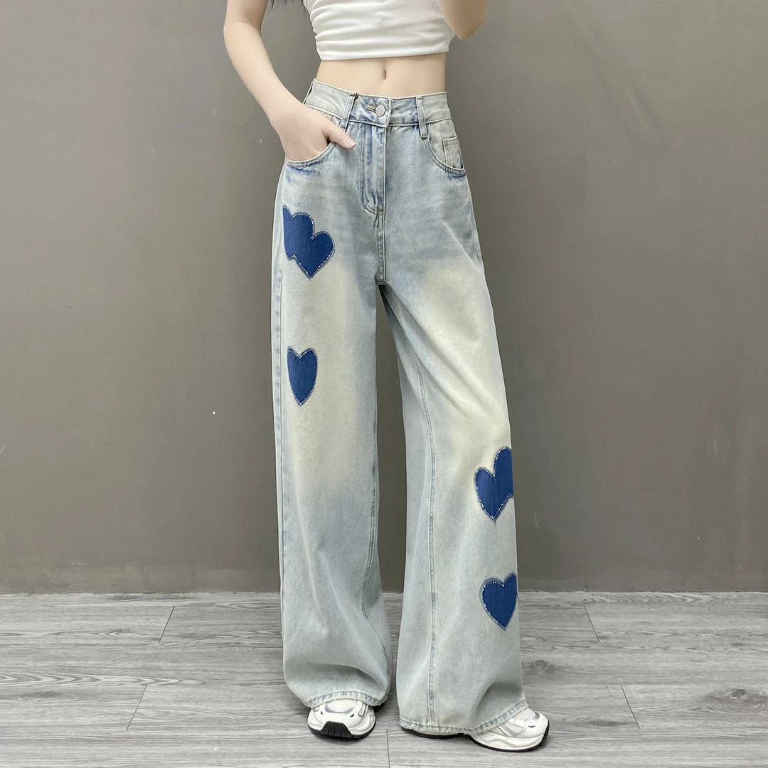 2025春季新款美式复古爱心烫钻拖地牛仔裤女高街休闲宽松阔腿长裤