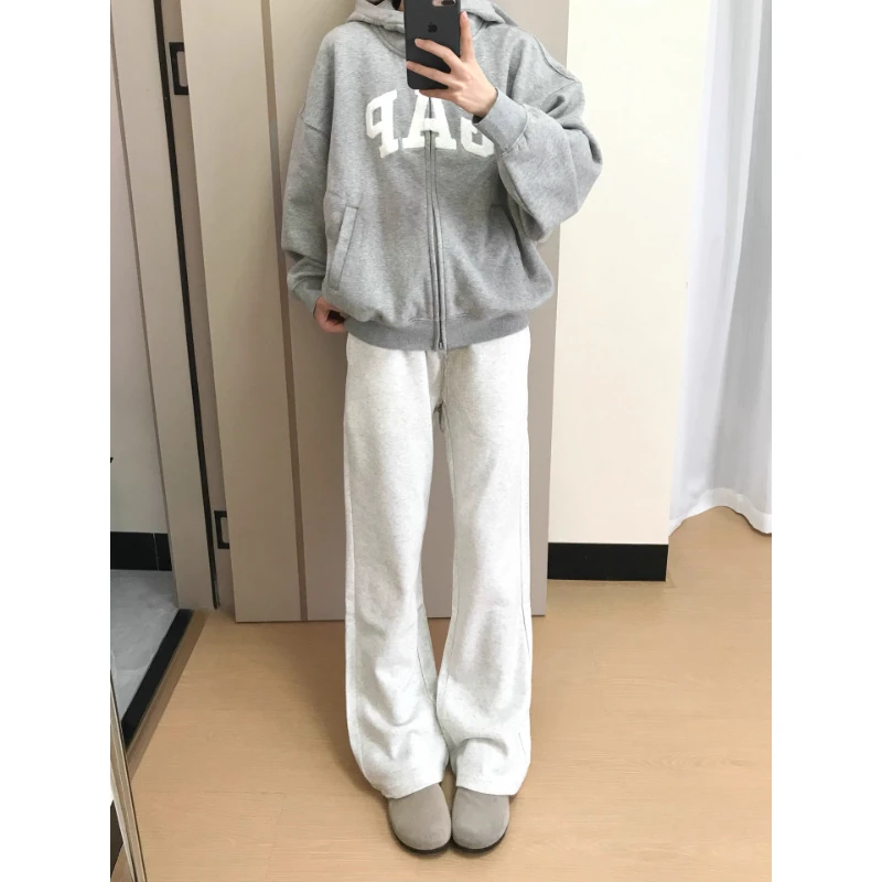 白花灰色卫裤男女款春秋cleanfit穿搭裤子休闲运动微喇弯刀直筒裤