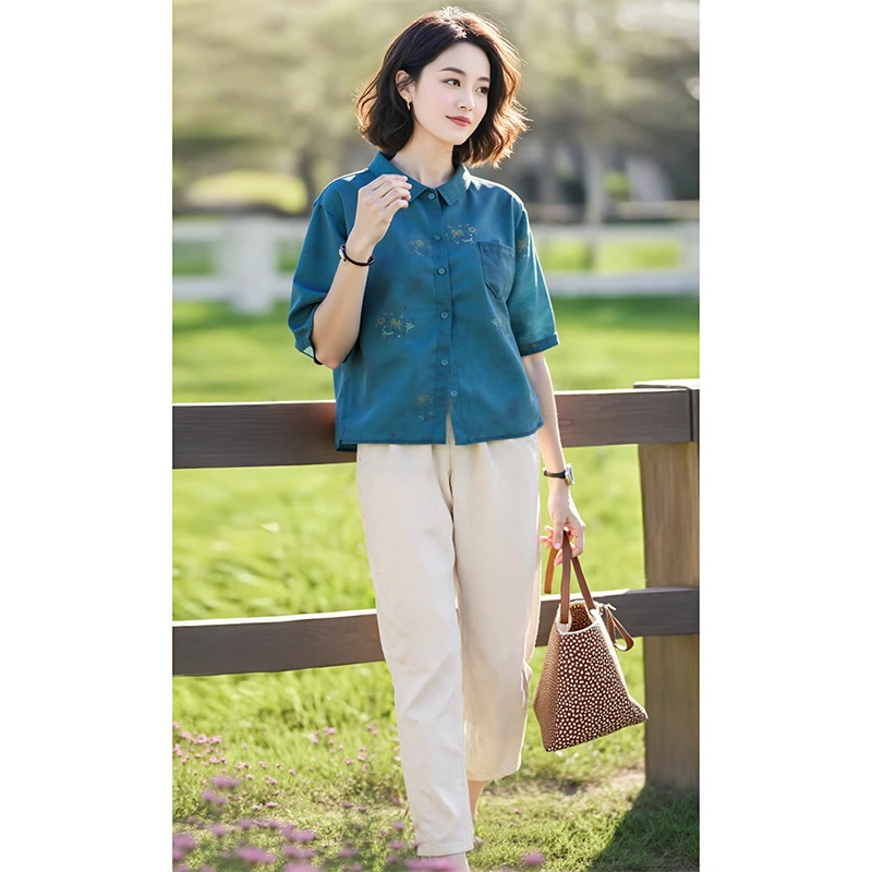 YX#【单/套装】复古亚麻衬衫气质夏五分袖衬衣文艺印花套装DY8693