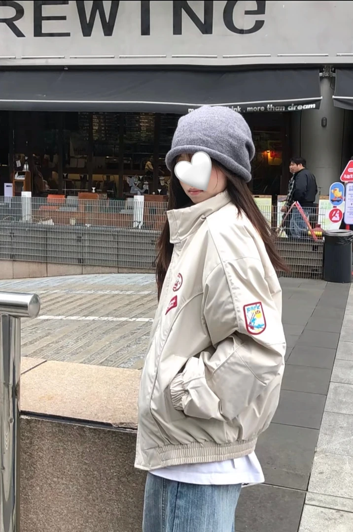 淡人穿搭欧美风刺绣花立领无帽棉服男女冬季情侣加厚宽松棉衣外套