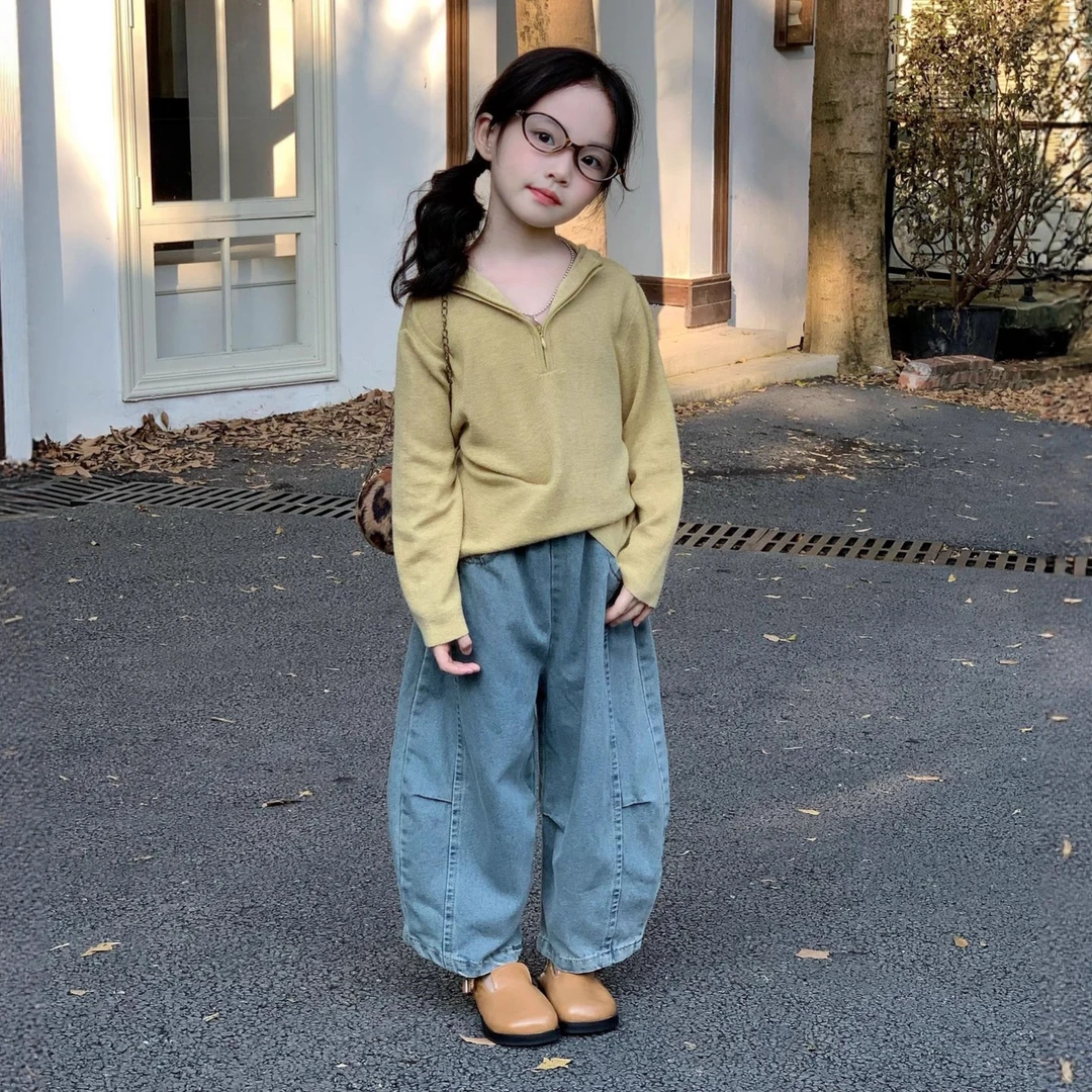 空空子.Studio【梨花小隐】女童套装2025秋儿童针织帽衫弯刀牛仔裤
