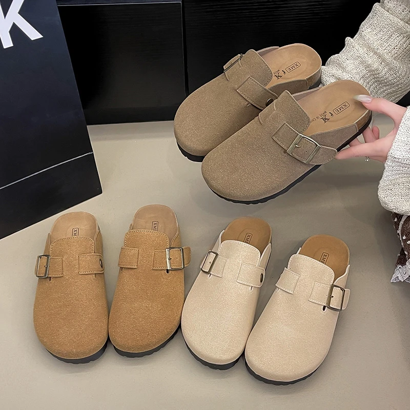 3cm~勃肯包头半拖女2025秋季新款小众感半拖懒人一脚蹬软木底拖鞋