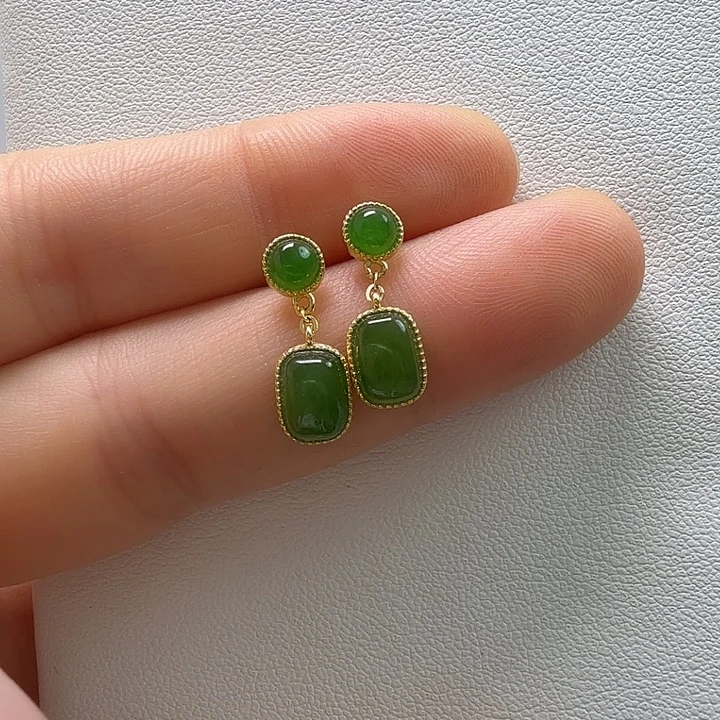 和田玉银S925镀金镶嵌耳饰