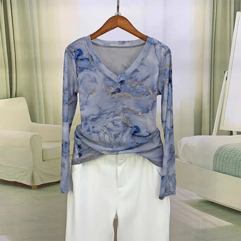 金色海洋 2025夏季新款百搭透气双层网纱V领印花减龄长袖T恤1727
