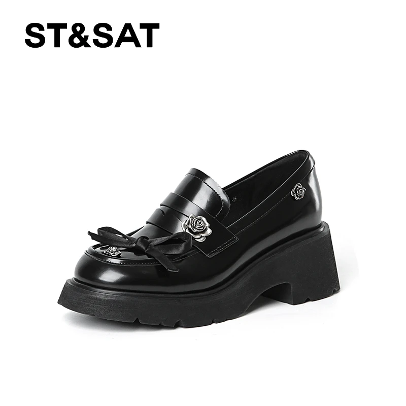 2025春季新款乐福鞋中口真皮厚底显瘦单鞋立体山茶花蝴蝶结女鞋