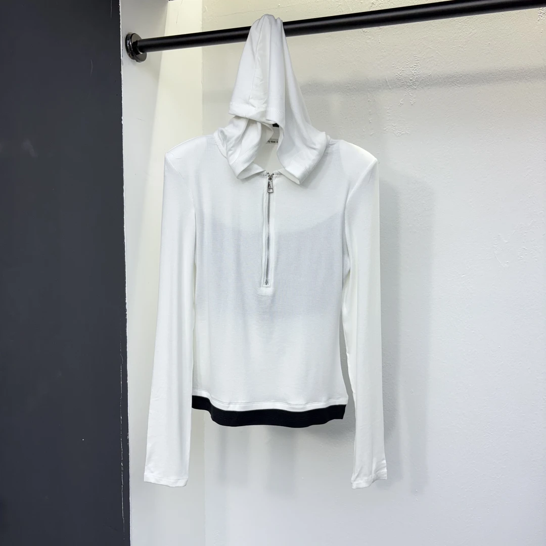 假两件连帽撞色半开拉链垫肩慵懒感打底T恤69283