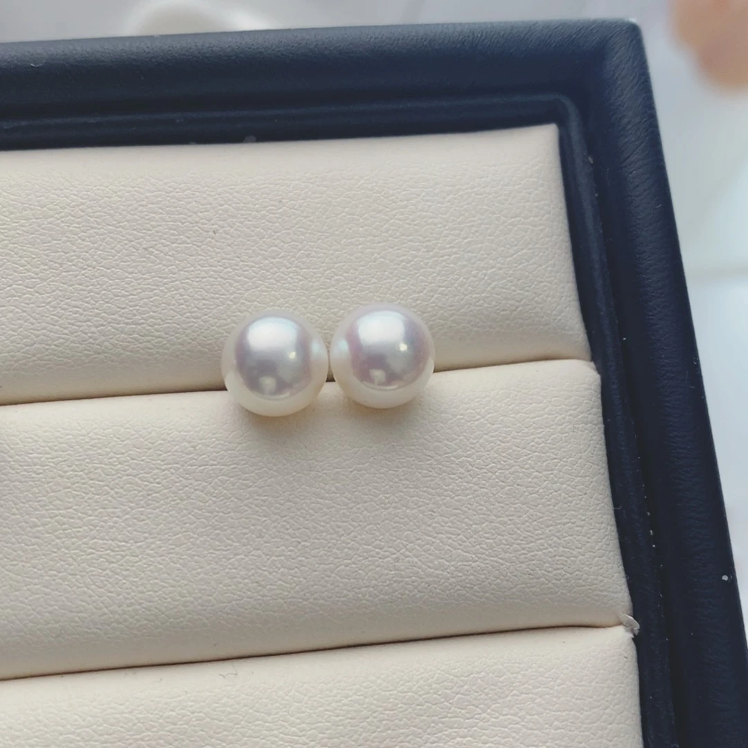 海水珍珠耳饰银S925镶嵌8-8.5mm Akoya耳钉