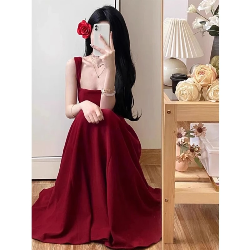 pinkmoon||贝微微同款方领纯欲风辣妹长裙修身收腰显瘦气质连衣裙