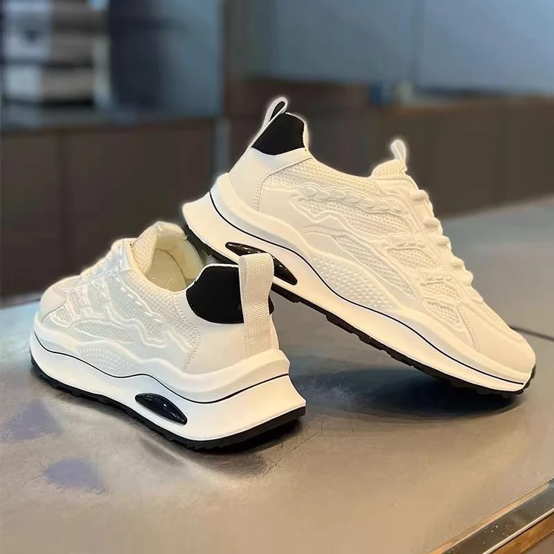 时尚休闲男鞋潮流透气网面增高厚底老爹鞋橡胶底布垫白鞋轻便