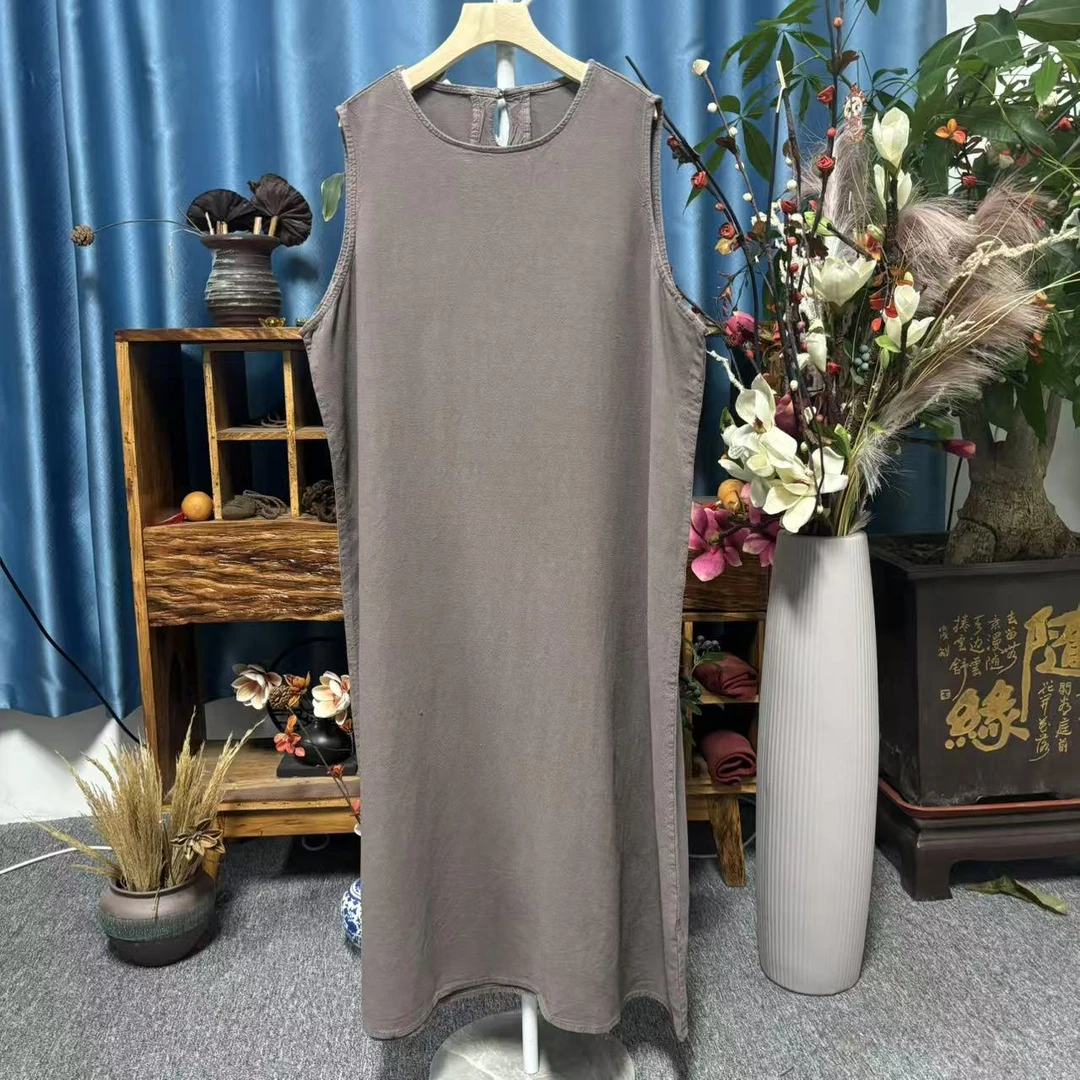 花璟与麻原创设计炒色圆领一粒扣连衣袍裙（裙长118胸围122）