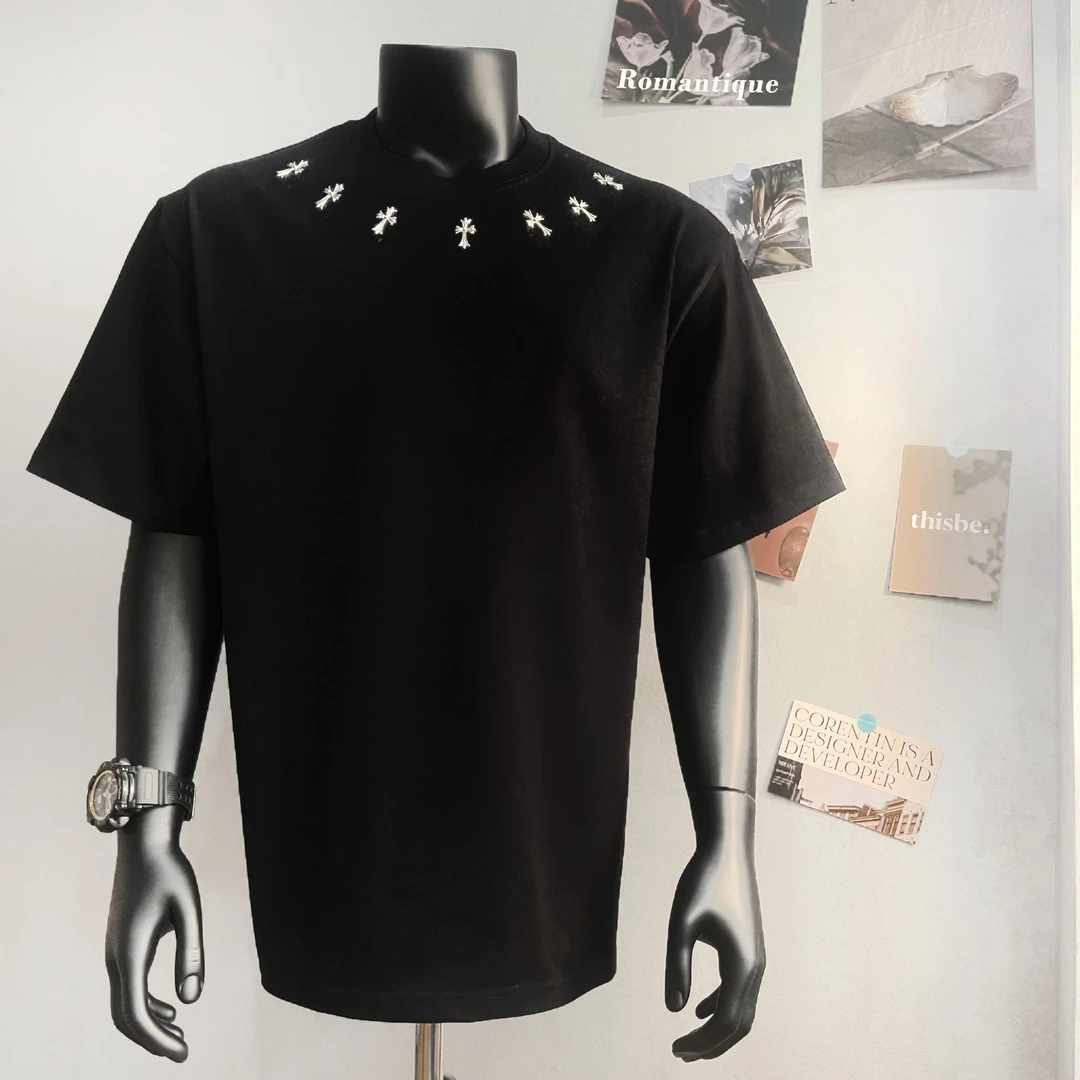 2025夏季新款重工艺烫钻男短袖T恤纯棉半袖街头潮服情侣宽松体恤