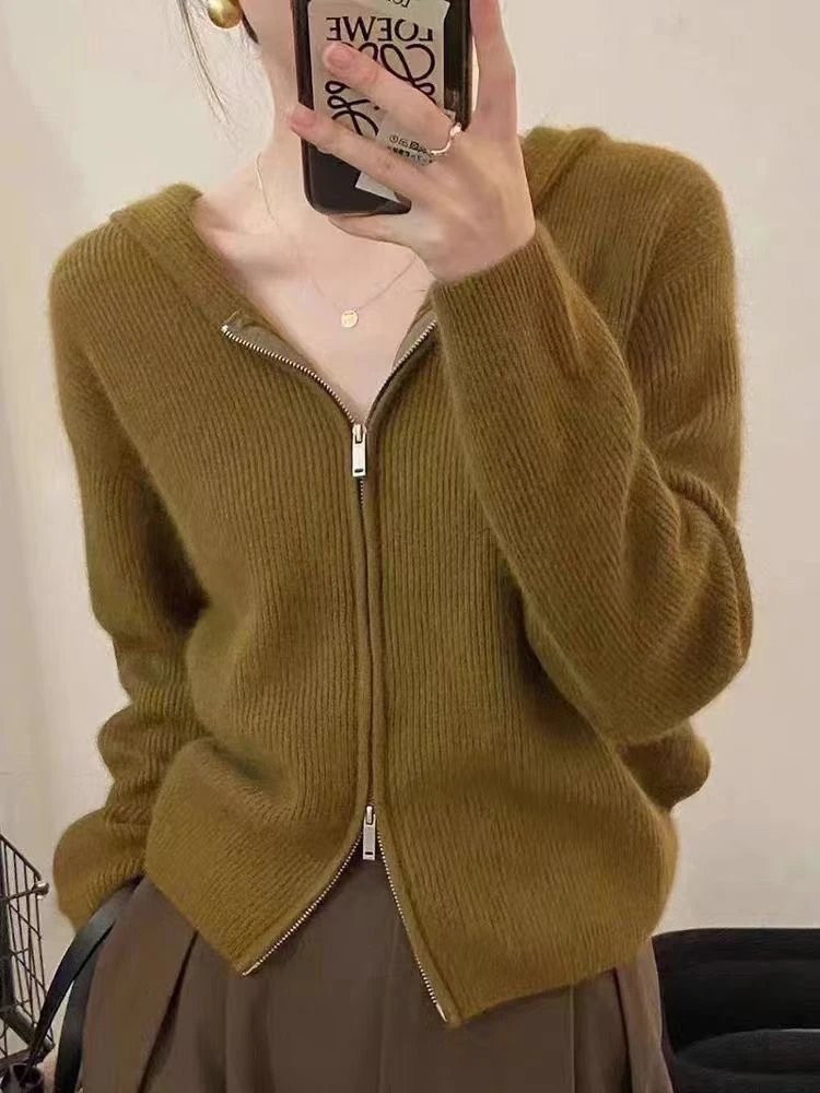 新款拉链女士连帽羊毛衫100%纯羊毛休闲时尚针织衫百搭网红打底衫