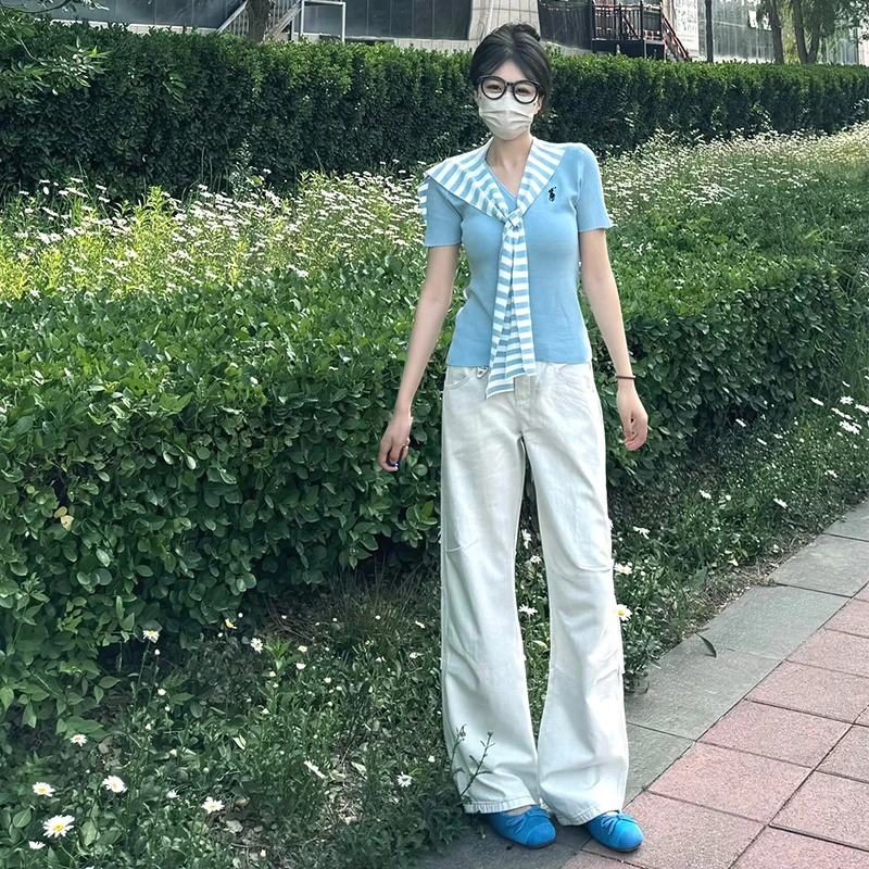 白色窄版直筒高腰百搭牛仔裤女春秋新款显瘦显高宽松加长拖地长裤
