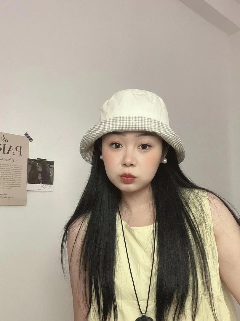 日系简约渔夫帽可翻边格纹纯棉夏季出游遮阳帽可折叠盆帽防晒帽