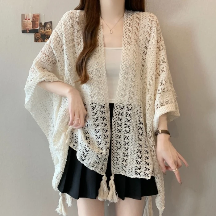 吊带背心外搭v领镂空针织开衫防晒胖mm大码度假风披肩空调上衣女