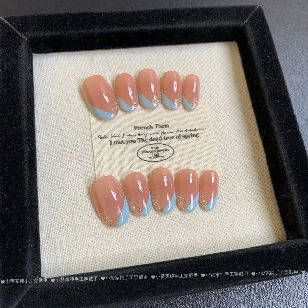 （现货）蓝色v法式纯手工穿戴甲2025爆款美甲高级B96