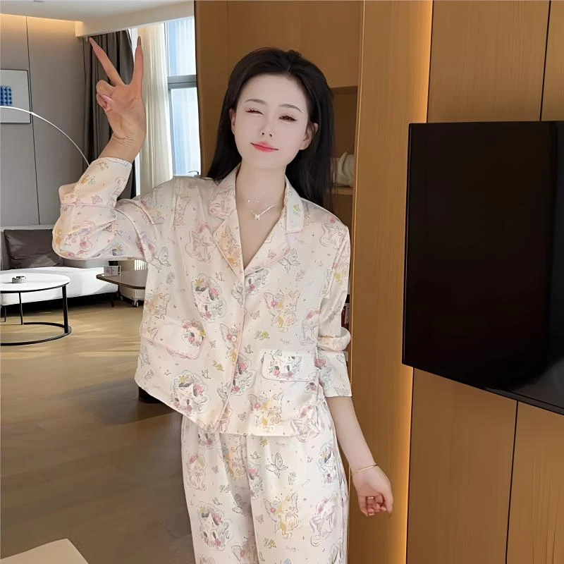 春季蝴蝶猫气质可爱休闲睡衣女款柔软长袖家居服可外穿显瘦减龄