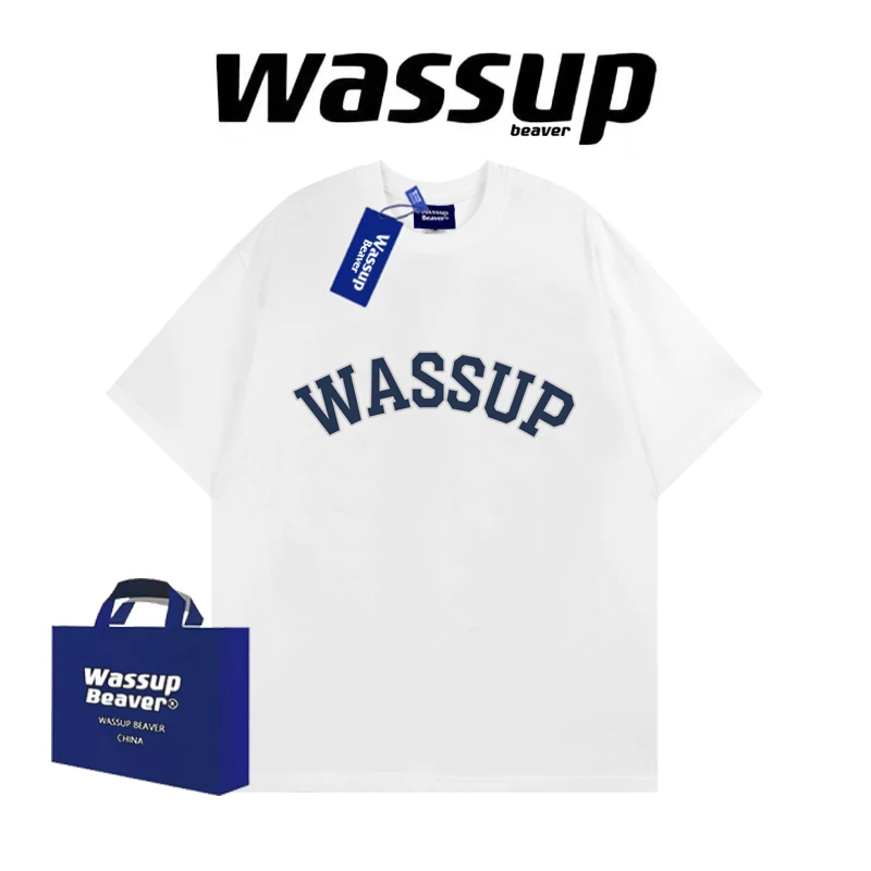 WASSUP BEAVER夏季短袖字母印花T恤美式复古纯棉宽松情侣潮流上衣