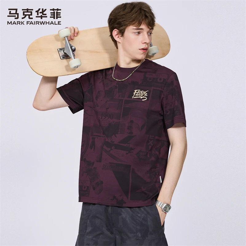 【凉感抗菌】马克华菲圆领短袖T恤男装2025夏季新款潮流满印上衣t