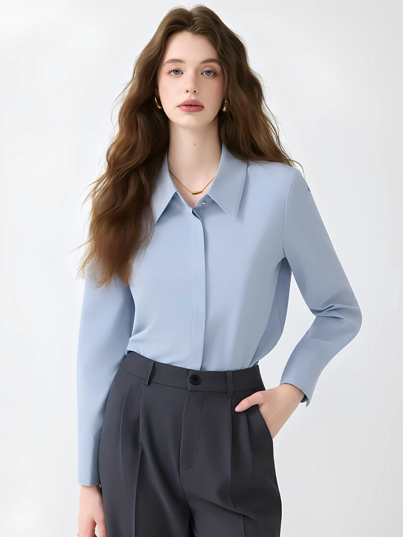 蓝色长袖衬衫女2025新款高级感气质女神范通勤西装内搭衬衣上衣秋