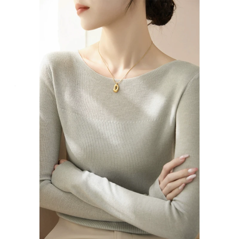 浅灰米新款法式修身内搭打底上衣秋季长袖一字领2025针织衫女毛衣