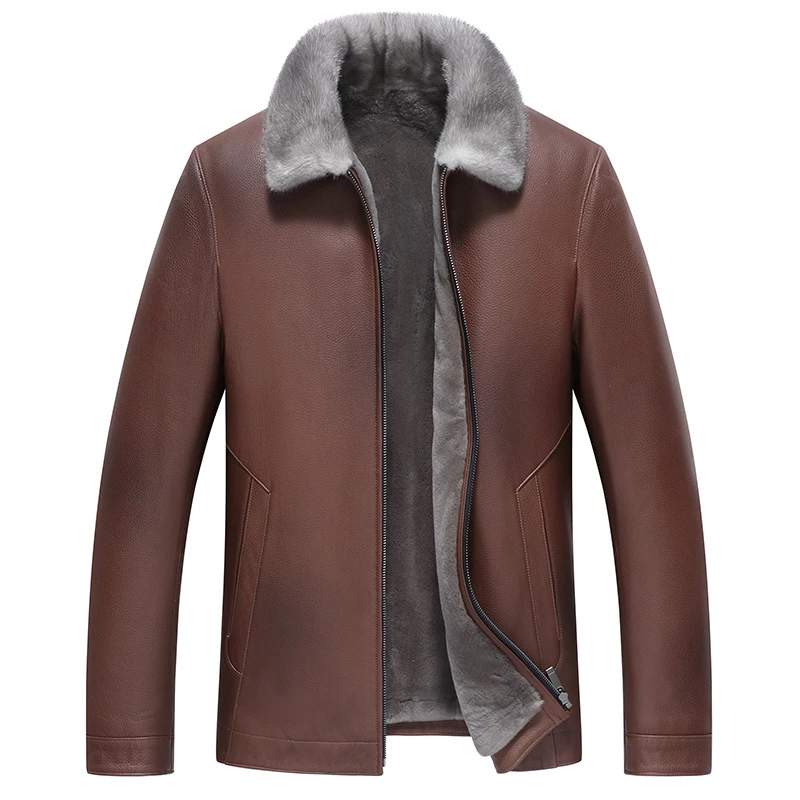 品质男真皮皮衣外套中老年翻领貂绒内胆水貂毛领皮夹克真鹿皮皮衣