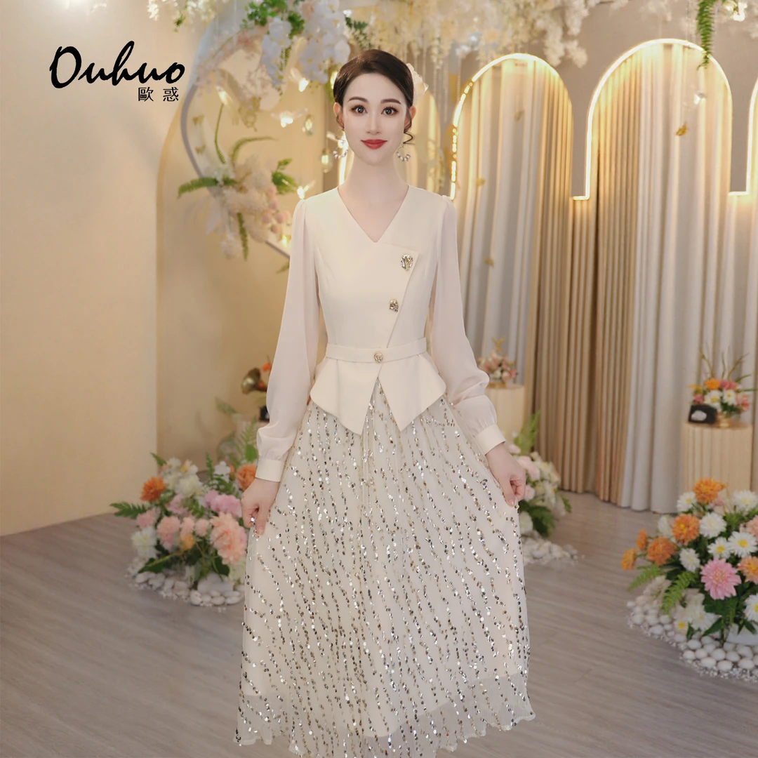 【米米定制】V领亮片拼接连衣裙2025新款收腰显瘦名媛OHDRI07131