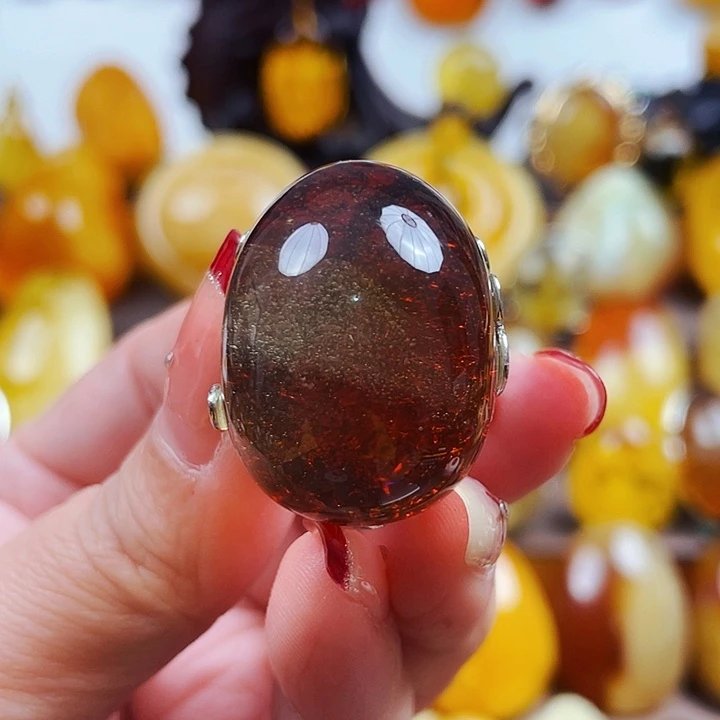 琥珀戒指银S925镶嵌戒指