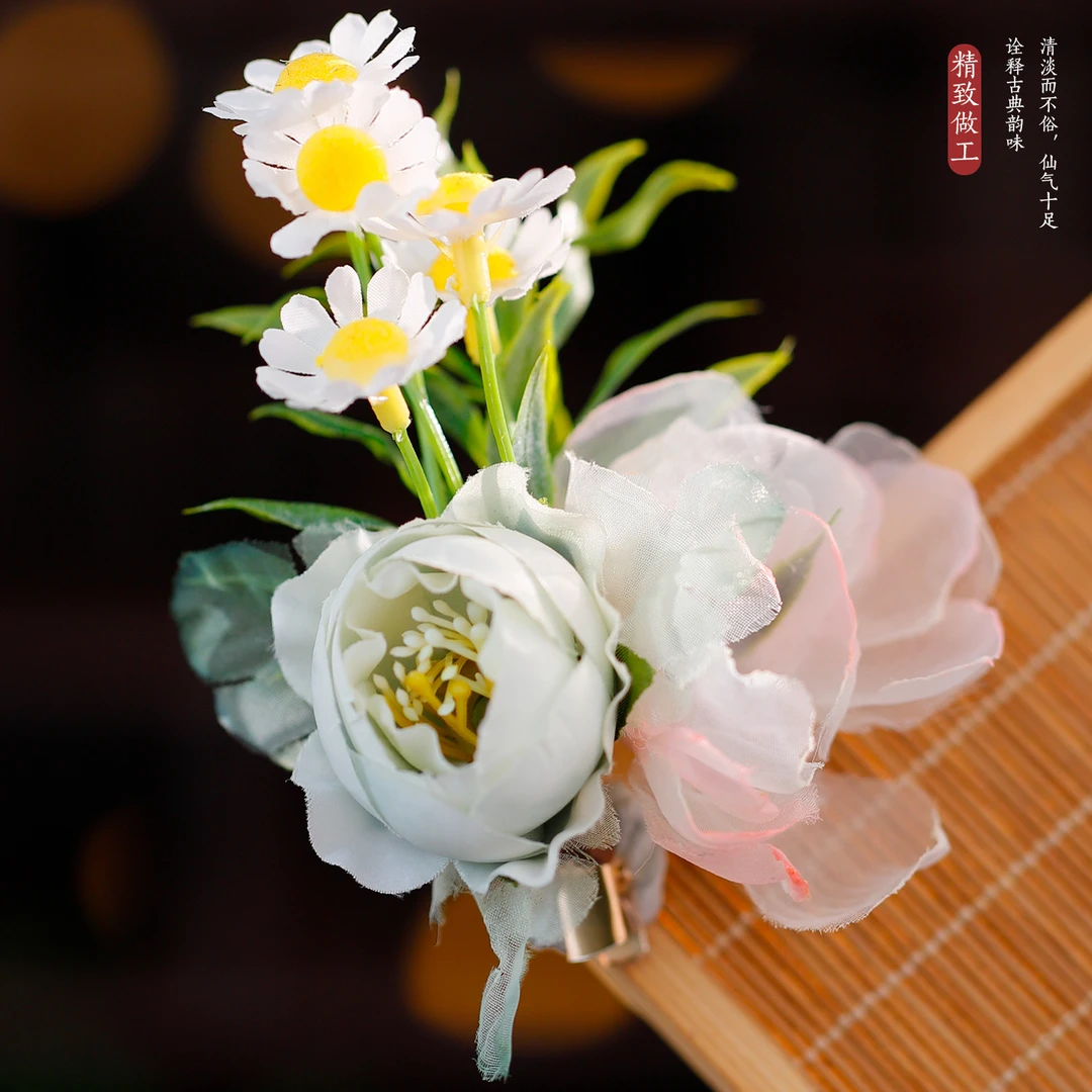 古风百搭绢花花朵夹子头饰绢纱烫花发夹唐风复古写真发饰边夹