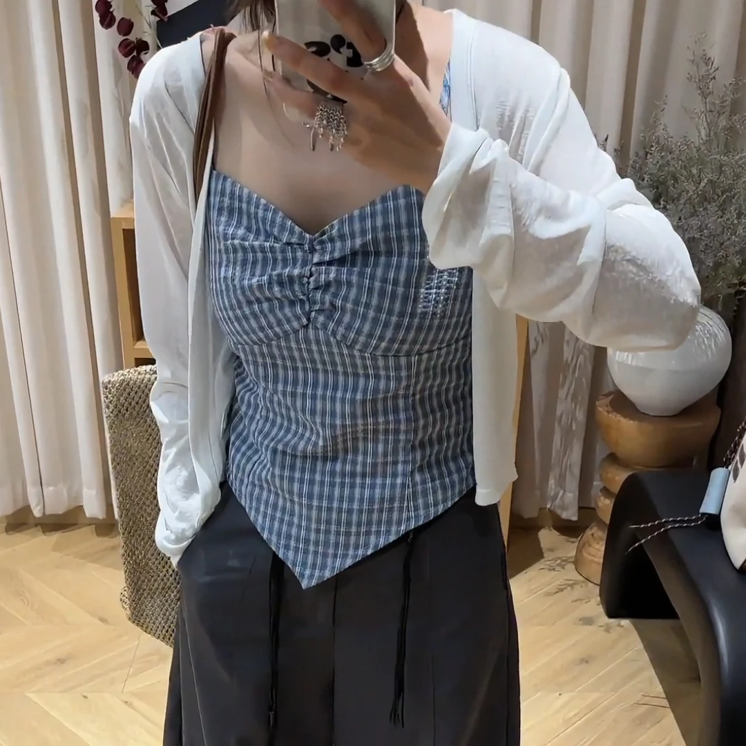 【】大码女装胖mm格子吊带套装夏季防晒开衫背心上衣两件套