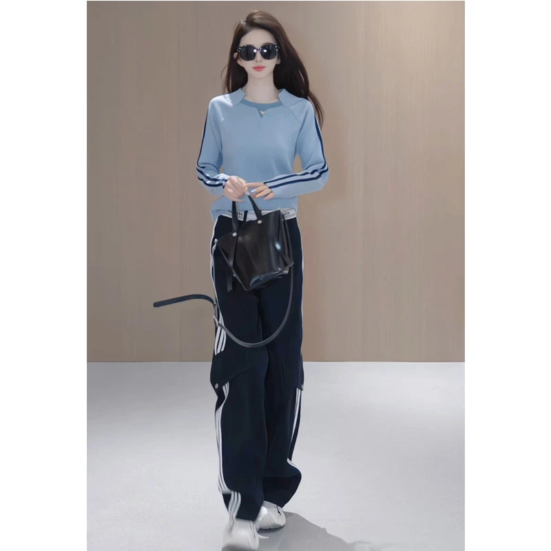 2025秋季轻奢个性穿搭v领长袖T恤直筒休闲裤气质休闲减龄两件套装