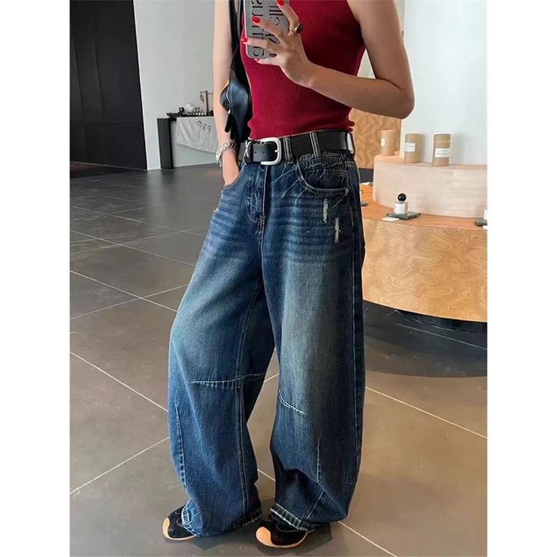 复古高腰阔腿弯刀牛仔裤女秋季水洗宽松显瘦垂感休闲磨破拖地长裤