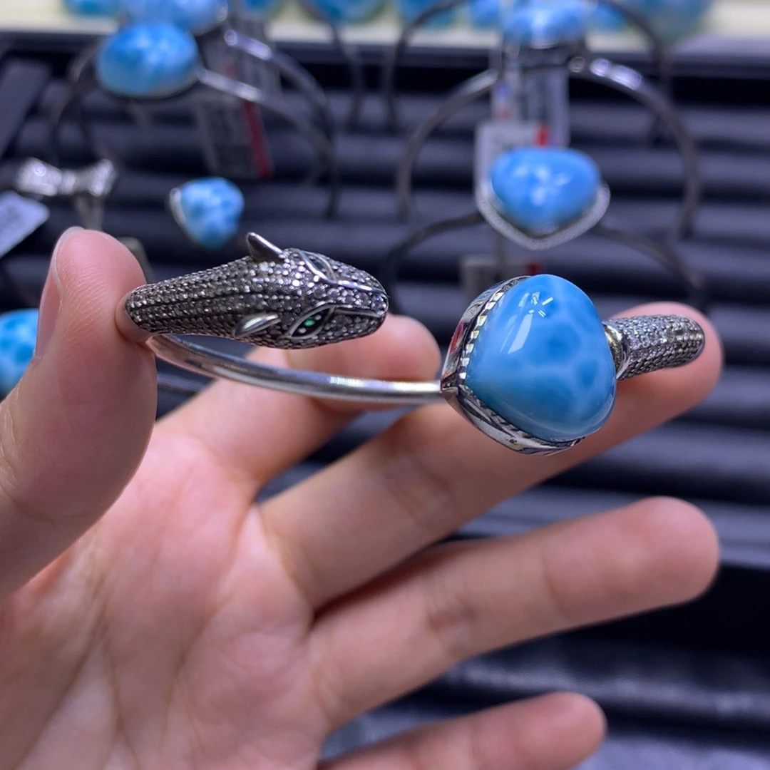 针钠钙石（海纹石）银S925镶嵌手镯（开口镯）爱心手镯色差略异