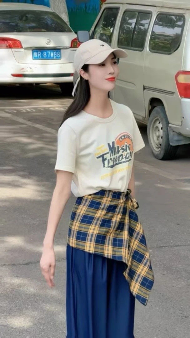 印花短袖常规款夏季几何韩版圆领T恤白色短款格子棋盘格