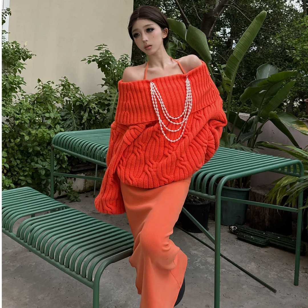 【小洋家原创】（橘子岛）露肩慵懒风百搭针织衫套装-SXYYN407804