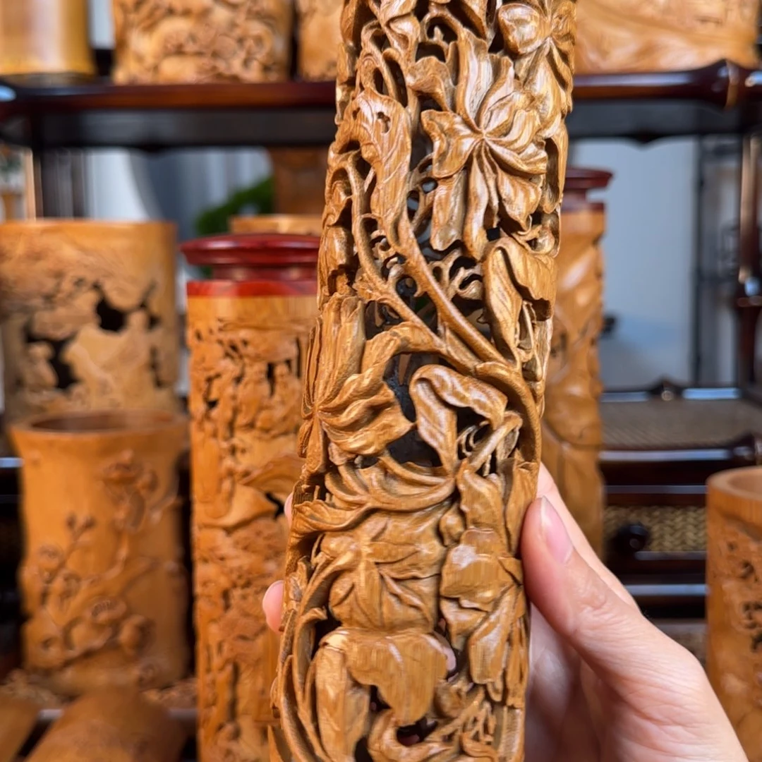 無***聲手工竹雕宝相花香筒