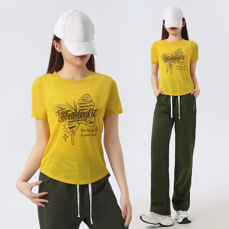 2025广场舞夏季新款套装网纱上衣休闲运动阔腿裤曳步舞跳舞表演服