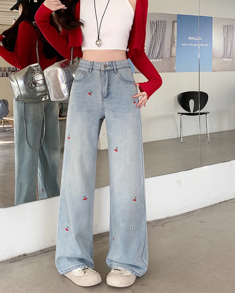2025春装新款胖mm大码刺绣直筒阔腿牛仔裤高腰垂感拖地长裤65519