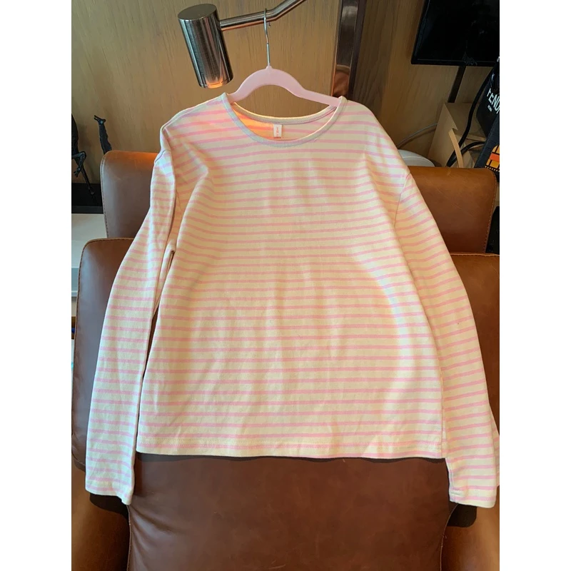 【张静芝】淑女粉杏条纹圆领休闲百搭打底长袖T恤