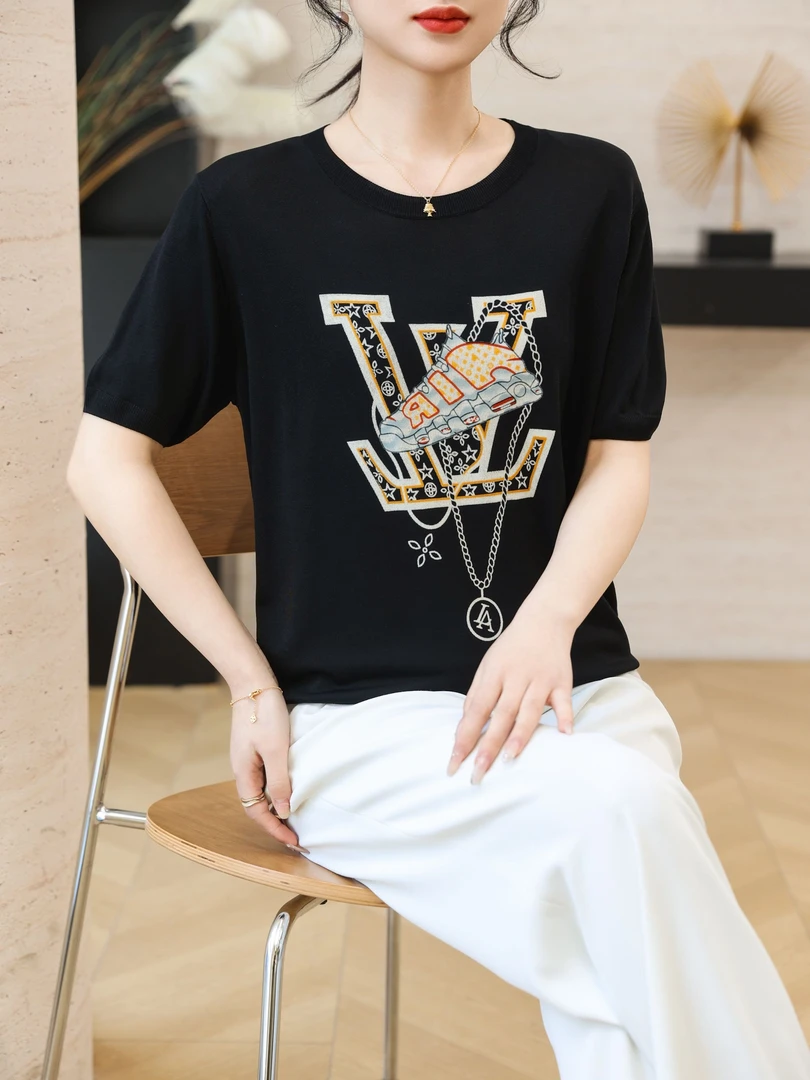 L家夏季女装冰麻凉感圆领短袖T恤时尚百搭休闲T恤