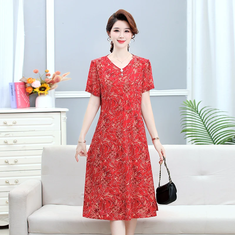 妈妈夏装宽松加肥加大连衣裙中老年女士短袖中长款洋气显瘦长裙子