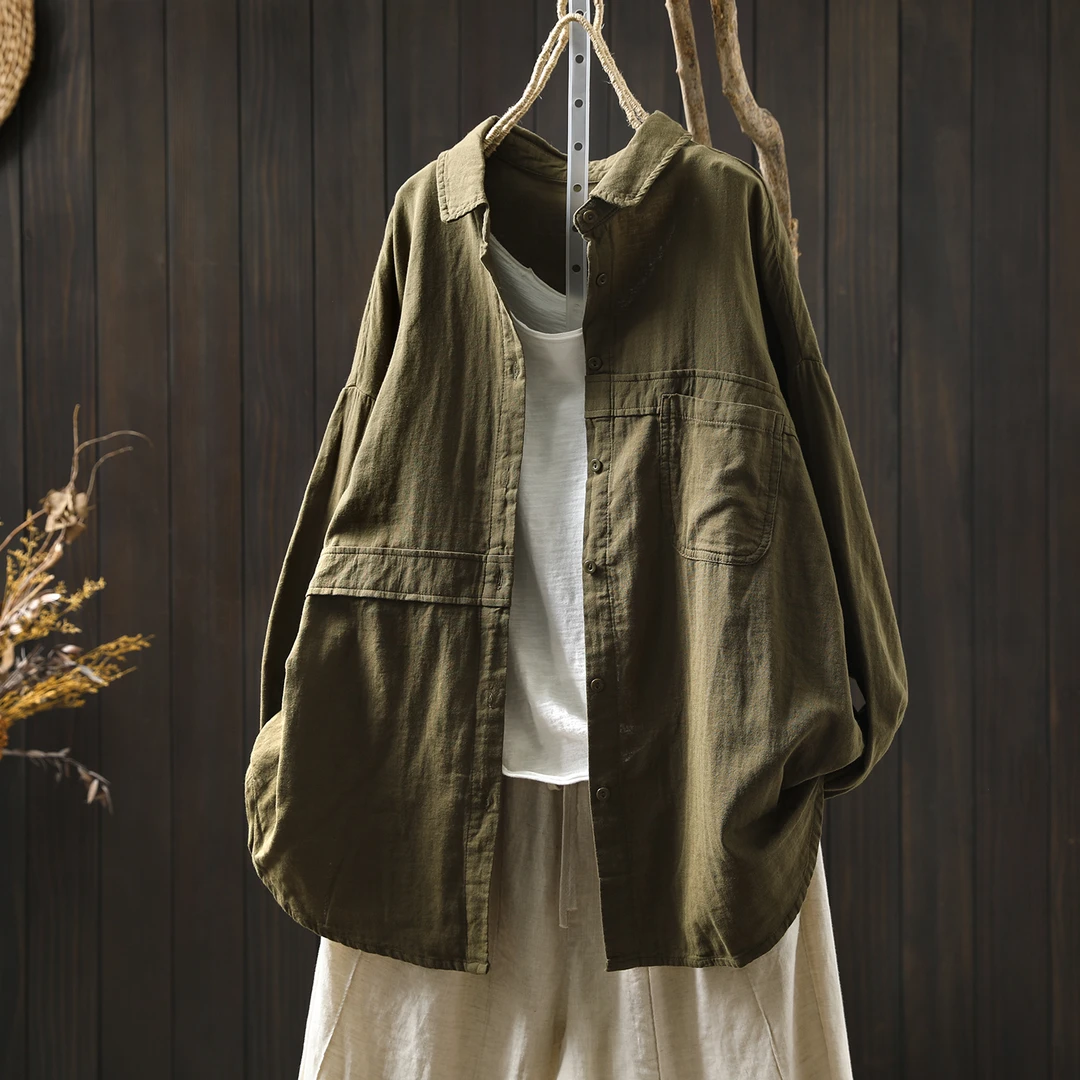 衬衫女款2025新款早秋季纯棉单口袋复古双层棉纱宽松胖MM纯色衬衣