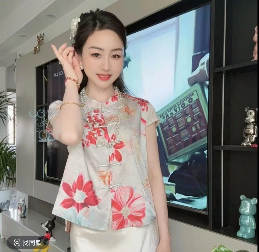 【锦鱼】提花日常立领常规马夹开衫短袖短款夏季民族风女装复古气质